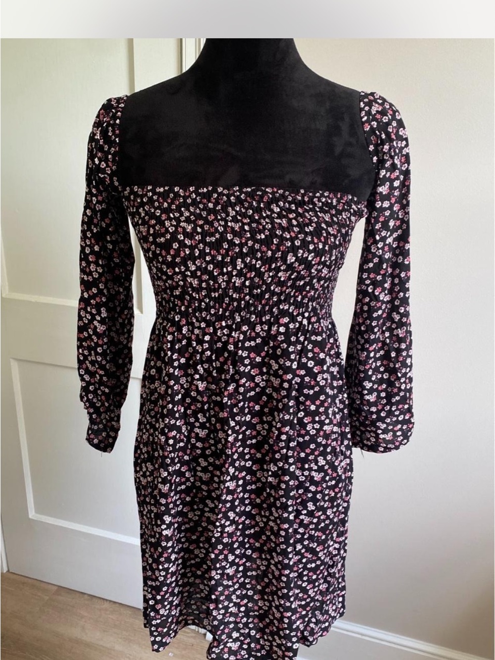 Floral Smocked Black Mini Dress with Pink Accents